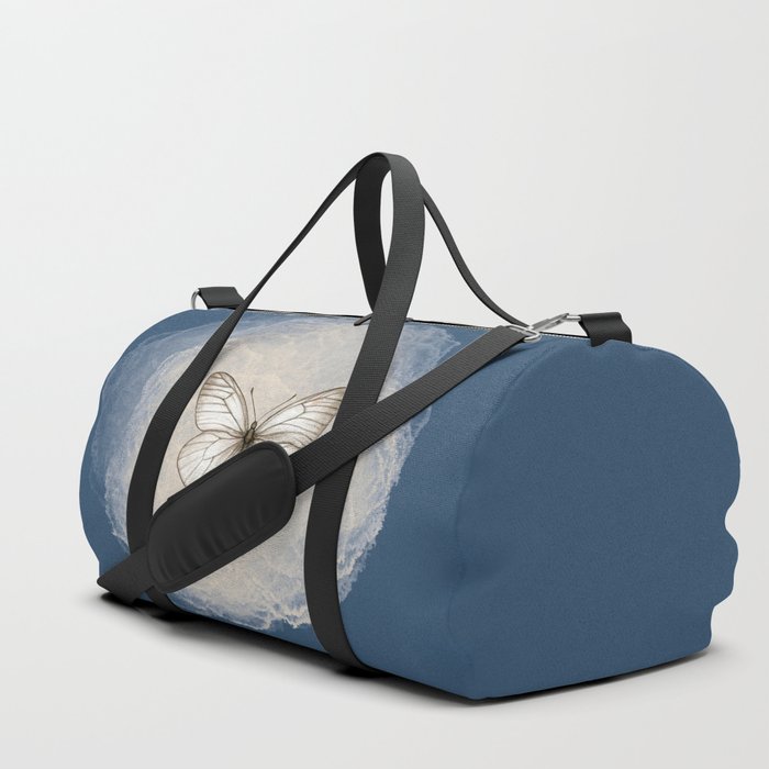 Hand-Drawn Butterfly and Brush Stroke on Pastel Dark Blue Duffle Bag