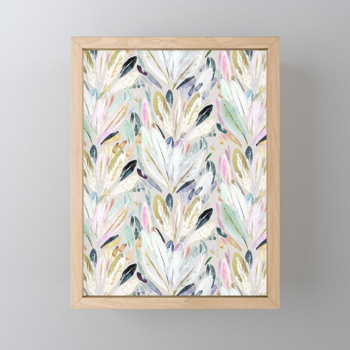 Pastel Shimmer Feather Leaves on Gray Framed Mini Art Print