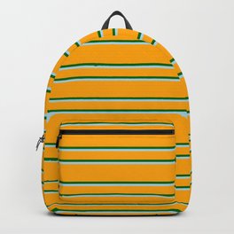 [ Thumbnail: Orange, Dark Green & Light Blue Colored Lined Pattern Backpack ]
