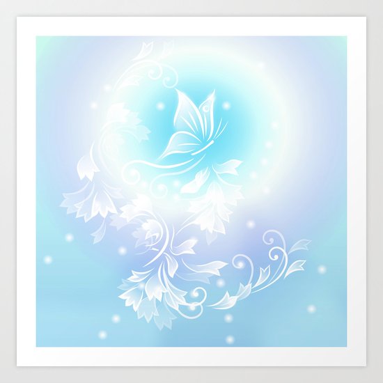 Floral Turquoise Butterfly Fantasy Art Print