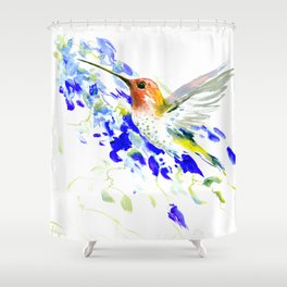 Hummingbird and Blue Flowers Shower Curtain