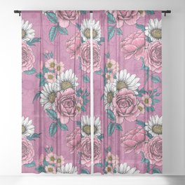 Summer bouquets - pink roses, daisies and wild roses 2 Sheer Curtain