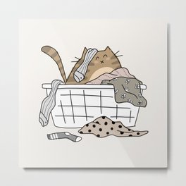 Brown Tabby Cat in Messy Laundry Basket - Neutral Palette Metal Print | Laundrysign, Laundryroomdecor, Cute, Brown, Illustration, Digital, Catlover, Laundry, Laundrydecor, Drawing 