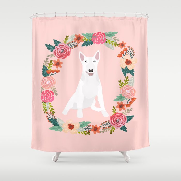 bull terrier white dog floral wreath dog gifts pet portraits Shower Curtain