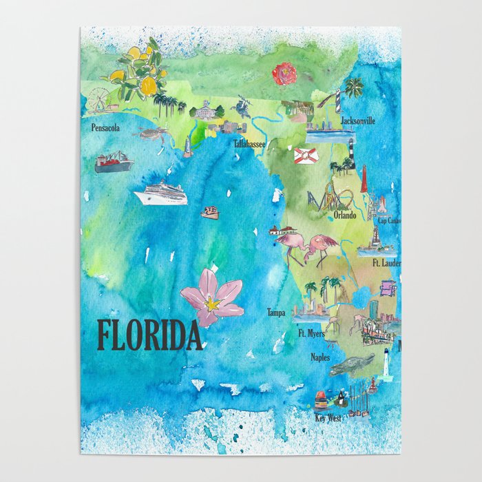 Printable Art Florida Map Print Florida Map Watercolor Navy Blue Art Poster Home Office Decor Nursery USA State Poster Modern Wall Art