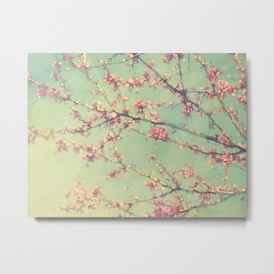 Dreamy Abstract Spring Flowering Branches Pink and Mint Green Metal Print