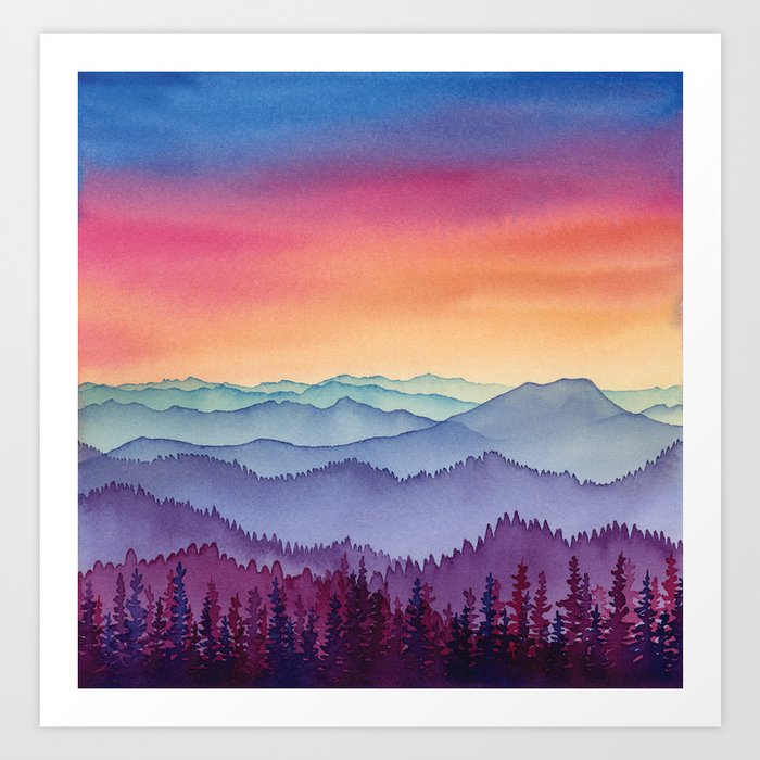 Beauty of the Earth Colorful Watercolor Layered Mountains Art Print