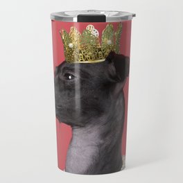 A brown Italian greyhound dog with a pearl collar and a gold crown against a red background Travel Mug