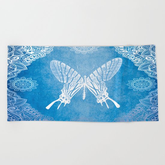 Bohemian Ornamental Butterfly Deep Blue Ombre Beach Towel