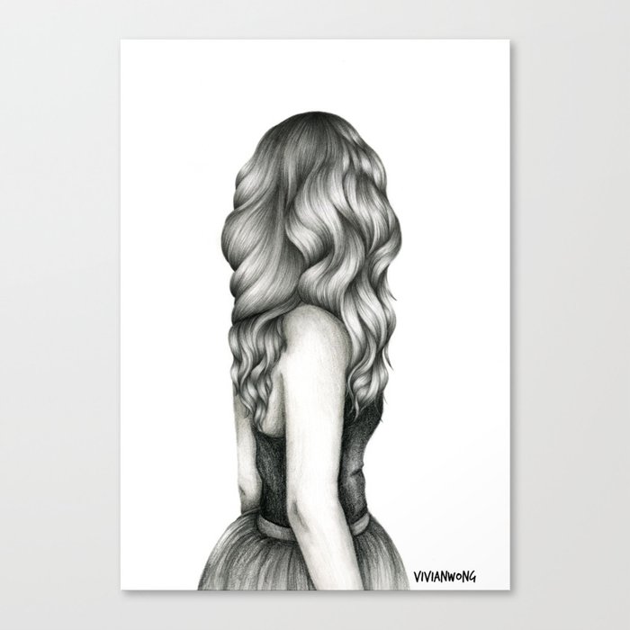 Black White Pencil Sketch Wavy Hair Girl Canvas Print By