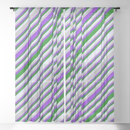 [ Thumbnail: Grey, Purple, Green & Lavender Colored Lines/Stripes Pattern Sheer Curtain ]