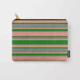 [ Thumbnail: Grey, Dark Salmon & Green Colored Lines Pattern Carry-All Pouch ]