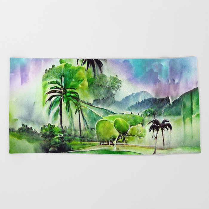 Watercolor Green and Blue Tropical Oasis Beach Towel