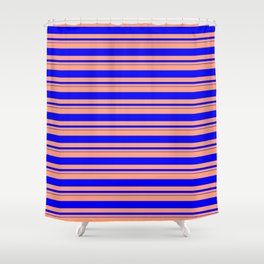 [ Thumbnail: Light Salmon & Blue Colored Lined/Striped Pattern Shower Curtain ]