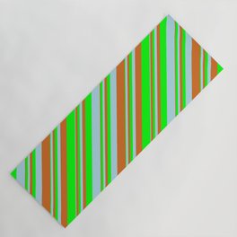 [ Thumbnail: Chocolate, Lime & Light Blue Colored Lined/Striped Pattern Yoga Mat ]