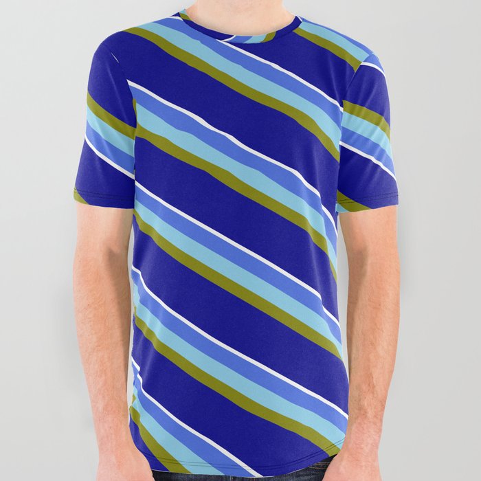 Vibrant Royal Blue, Sky Blue, Green, Dark Blue, and White Colored Striped/Lined Pattern All Over Graphic Tee
