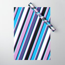[ Thumbnail: Eye-catching Plum, Dark Slate Blue, Black, Deep Sky Blue & White Colored Lined/Striped Pattern Wrapping Paper ]
