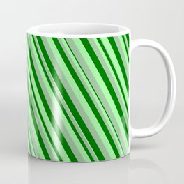 [ Thumbnail: Dark Sea Green, Dark Green & Green Colored Lines/Stripes Pattern Coffee Mug ]