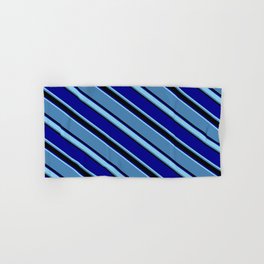 [ Thumbnail: Blue, Black, Dark Blue & Sky Blue Colored Pattern of Stripes Hand & Bath Towel ]