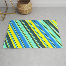 [ Thumbnail: Blue, Yellow, Dark Slate Gray, and Aquamarine Colored Lines Pattern Rug ]