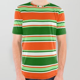 [ Thumbnail: Red, Light Green, Dark Green, and Mint Cream Colored Lined/Striped Pattern All Over Graphic Tee ]