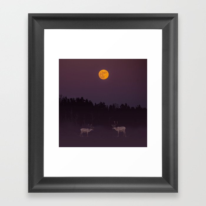 Full Moon - Winter Night With Reindeer At Edge Of Forest #decor #society6 #buyart Framed Art Print