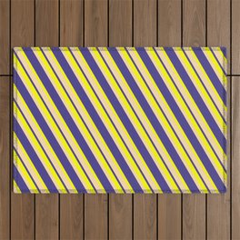 [ Thumbnail: Yellow, Tan, and Dark Slate Blue Colored Striped/Lined Pattern Outdoor Rug ]