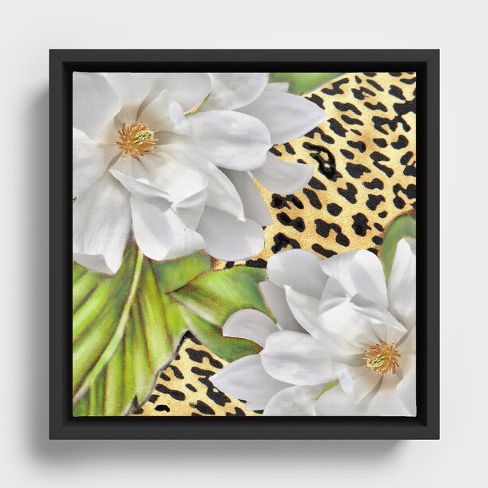 Magnolias on a Leopard Skin Pattern Framed Canvas