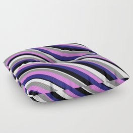 [ Thumbnail: Eye-catching Gray, Orchid, Midnight Blue, Black, and Mint Cream Colored Stripes/Lines Pattern Floor Pillow ]