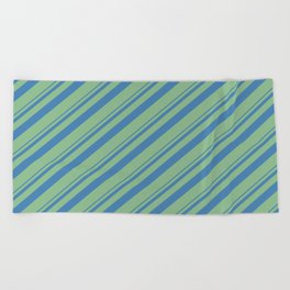 [ Thumbnail: Blue and Dark Sea Green Colored Lined/Striped Pattern Beach Towel ]