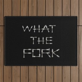 WHAT THE FORK design using fork images to create letters black background Outdoor Rug