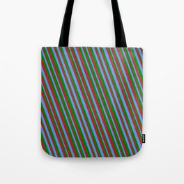 [ Thumbnail: Cornflower Blue, Green & Red Colored Stripes Pattern Tote Bag ]