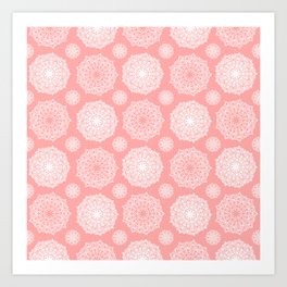 White Floral Mandala Pattern on Coral - Mix & Match with Simplicity of Life Art Print