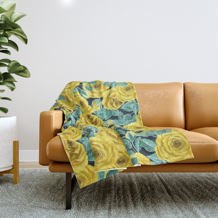 Yellow watercolor roses with leaves and buds pattern Throw Blanket