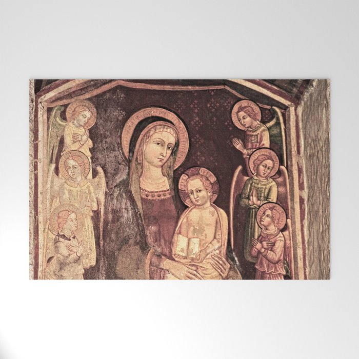 Madonna and Child Gothic Fresco Painting Welcome Mat