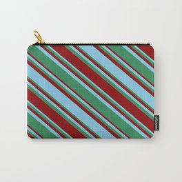 [ Thumbnail: Sky Blue, Sea Green, and Dark Red Colored Lined/Striped Pattern Carry-All Pouch ]