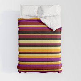 [ Thumbnail: Tan, Orange, Purple, Maroon, and Black Colored Striped/Lined Pattern Comforter ]