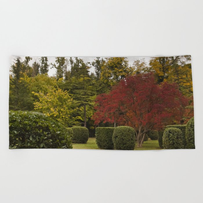 Spain Photography - Beautiful Garden With Hedges And Trees  Beach Towel