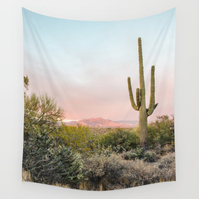 Desert Mountains Saguaro Cactus Blue & Pink Sunset Phoenix Arizona Wall Tapestry