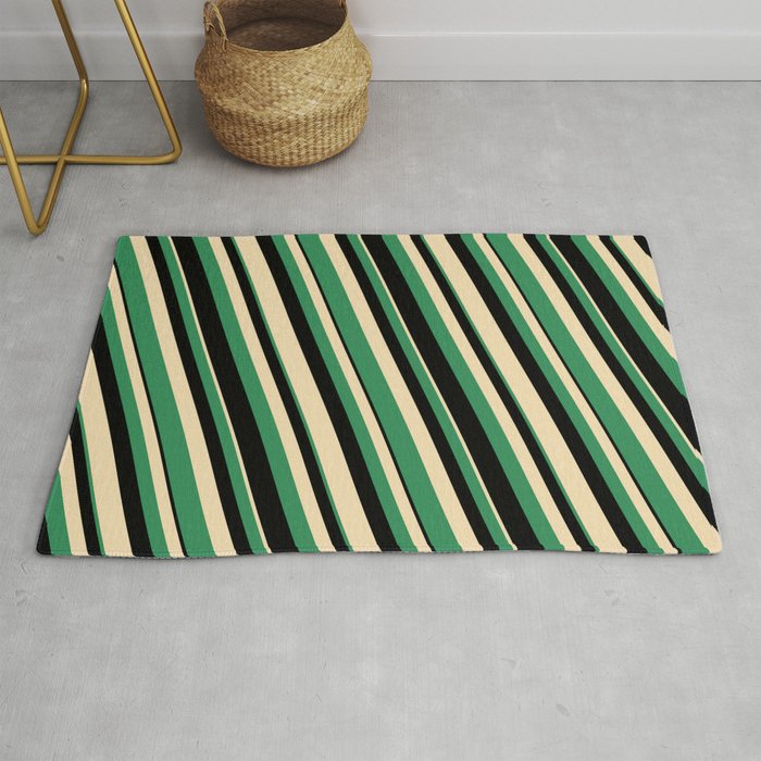 Tan, Sea Green & Black Colored Striped Pattern Rug