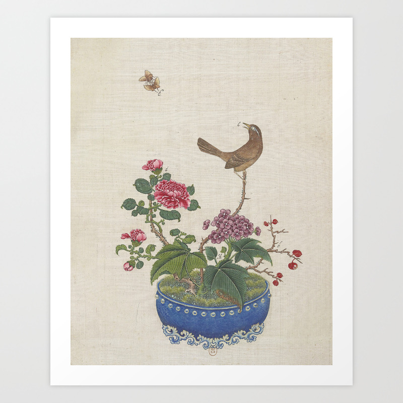Vintage Chinese Bonsai Botanical Ink And Brush Painting Flowers And Birds Art Print By Theyoungdesigns Society6