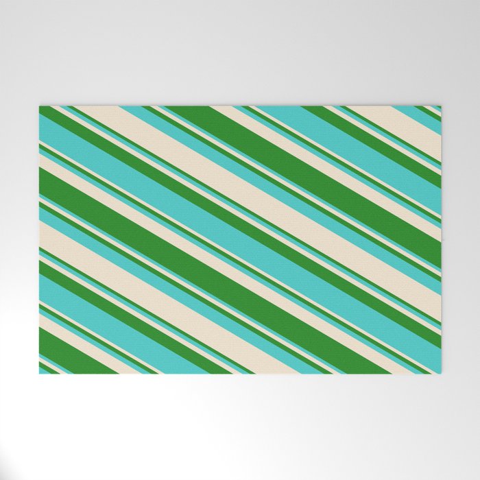Forest Green, Turquoise & Beige Colored Striped Pattern Welcome Mat