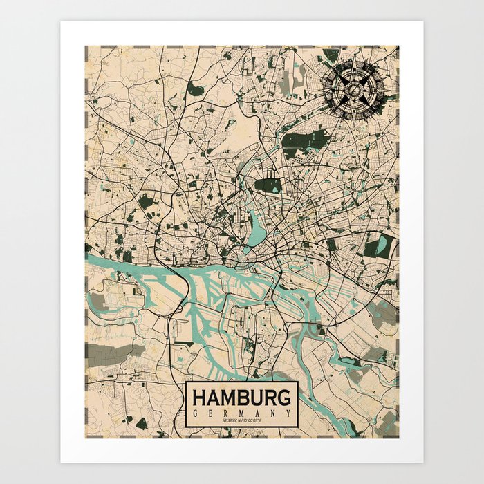 Hamburg City Map of Germany - Vintage Art Print