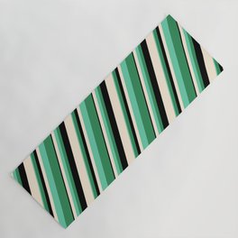 [ Thumbnail: Beige, Aquamarine, Sea Green, and Black Colored Lined/Striped Pattern Yoga Mat ]