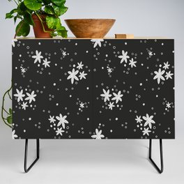 White flowers and dots pattern on black background Credenza