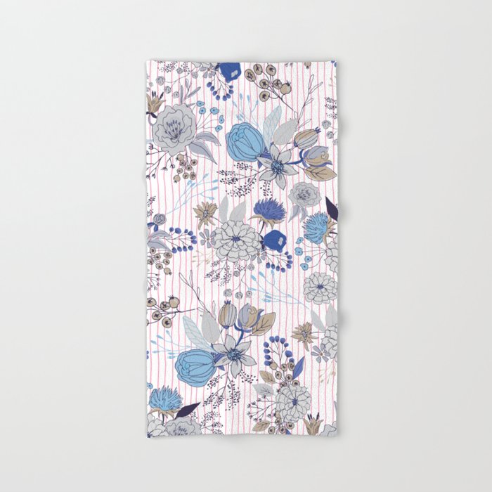 Abstract rustic navy blue gray floral pink stripes pattern Hand Bath