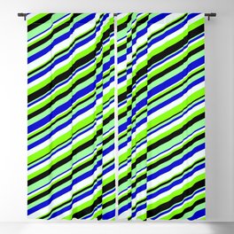 [ Thumbnail: Eyecatching Green, Blue, Mint Cream, Chartreuse, and Black Colored Lined/Striped Pattern Blackout Curtain ]