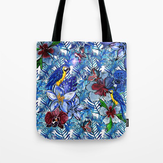 Aloha - Tropical blue Palm Leaf Flower and Bird Pattern on #Society6 Tote Bag