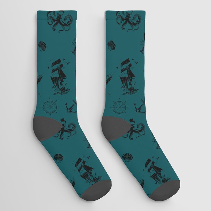 Teal Blue And Black Silhouettes Of Vintage Nautical Pattern Socks