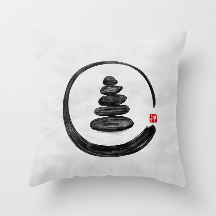Zen Enso Circle and Zen stones - Watercolor Throw Pillow